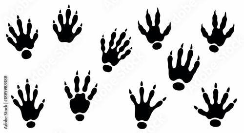Eight black hand silhouettes with fingers spread apart on a white background in a graphic illustration.