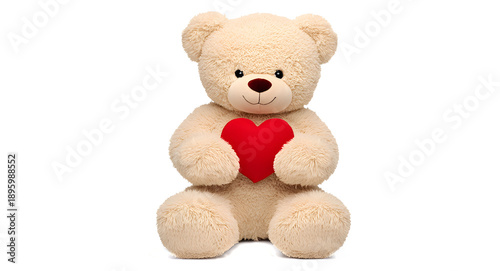 Foto Adorable brown teddy bear holding a large red heart; Valentine's Day, romantic,