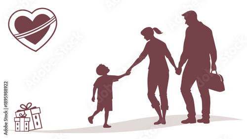 A family of three walking together, holding hands, with a heart and gift boxes nearby, representing love and togetherness in a serene illustration