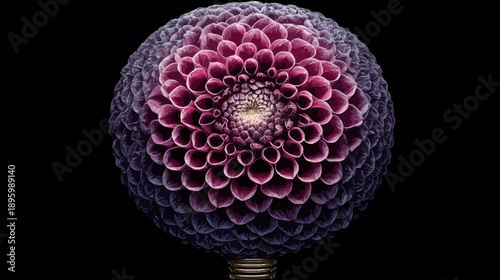 A detailed image of a large, perfectly round flower with layered petals on a black background
