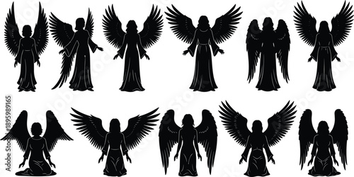 Angel Silhouette Collection Set, Winged Guardian Figures Standing Kneeling Flying Spiritual Fantasy Black Vector Illustration Isolated White Background