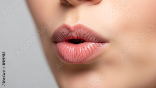 Close up of woman pursing her lips to blow a kiss or whistle, showing a playful romantic expression and soft pink lip color.