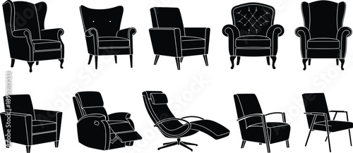 Armchair and Sofa Silhouette Collection Set, Vintage Modern Lounge Furniture Living Room Black Vector Illustration Isolated White Background Design