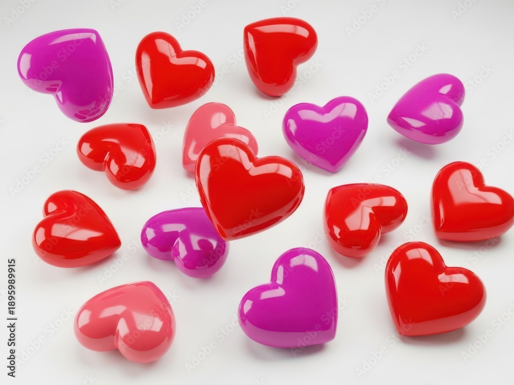 Fototapeta premium Scattered colorful heart shaped decorations on white background