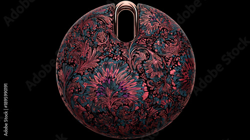 A patterned, spherical object with a decorative, floral design and a metal arch feature at the top