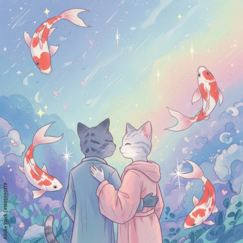 Fototapeta premium Two cats in a dreamy, colorful setting with koi fish and stars, symbolizing a peaceful and romantic moment.