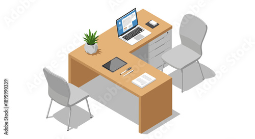 Modern Office Desk with Computer and Chairs.