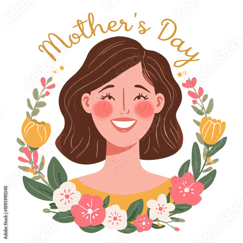 Happy mother's day illustration with a smiling woman surrounded by flowers