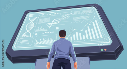 A man stands before a massive computer screen, analyzing complex data visualizations, DNA strands, and financial graphs, representing advanced scientific research and technological innovation.