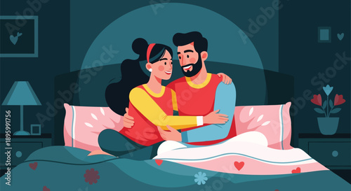 Young romantic couple hugging in bedroom at night vector illustration