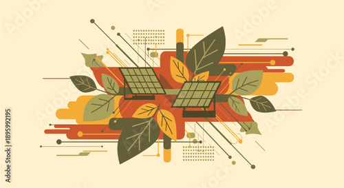 Stylized illustration showcasing the harmonious integration of solar energy panels with natural elements, symbolizing sustainable technology and environmental responsibility.