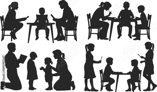 Black and white silhouettes illustrating family members in educational activities such as reading, writing, and teaching at tables and standing