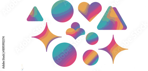 Scattered group of colorful abstract geometric shapes including circles, hearts, triangles, and star bursts overlap slightly to create an expressive composition.