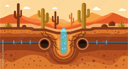 Vibrant illustration depicting a broken underground water pipeline causing a leak in a parched desert landscape with cacti and mountains.