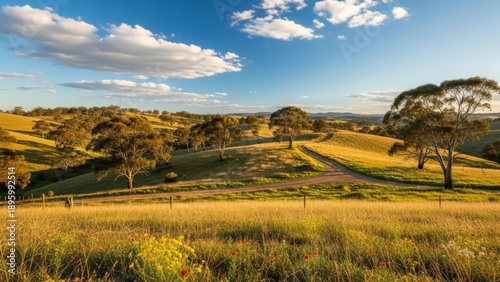 Golden Hour Landscape with Rolling Hills and Dirt Track in Rural Australia