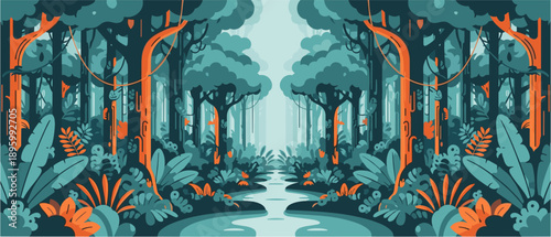 A vibrant, stylized illustration of a dense jungle or rainforest with lush foliage, towering trees, and a tranquil stream flowing through the verdant landscape.