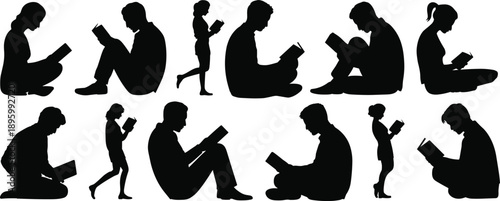Collection of black silhouettes of individuals in diverse seated and standing poses actively engaged in reading books showcasing a passion for knowledge and stories