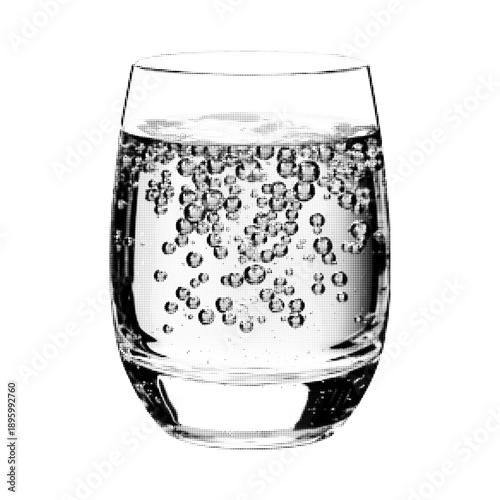 Glass of sparkling water in black and white halftone style. Transparent drink with bubbles in a modern minimal tumbler, retro dotted illustration for beverage, refreshment, or lifestyle design.