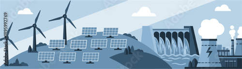 An illustrative panorama showcasing various energy sources including wind turbines, solar panels, a hydroelectric dam, and a power plant.
