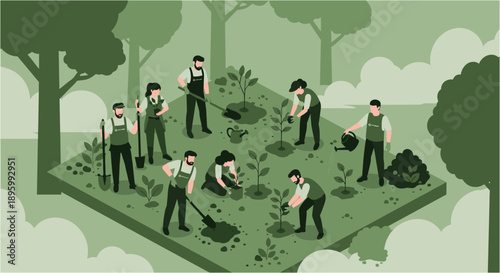 A group of diverse people actively participate in an outdoor tree planting and gardening initiative, fostering environmental conservation and community engagement.