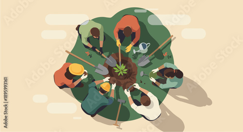 Diverse group of people collaboratively planting a tree, symbolizing teamwork, environmental conservation, and community engagement in a sustainable initiative.