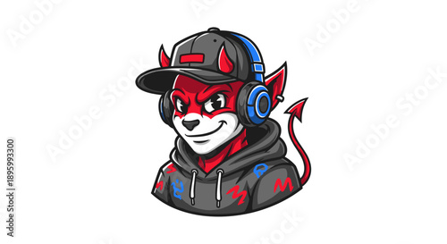 Cartoon Character Wearing Headphones and Hat.