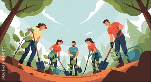 A diverse group of enthusiastic volunteers collaborates to plant new trees and nurture young saplings in a vibrant, lush forest setting, promoting environmental conservation and sustainability.
