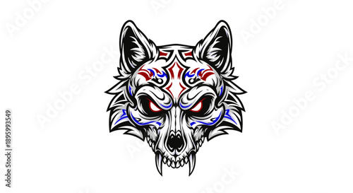 Colorful Sugar Skull Wolf Head Illustration.