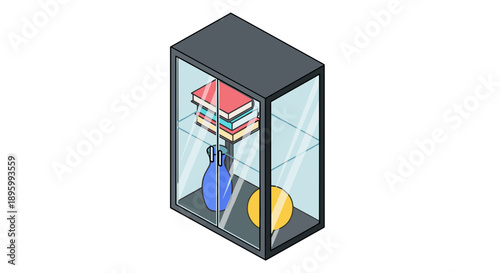 3D Illustration of Display Cabinet with Objects.