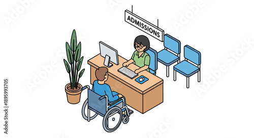Disabled Man in Wheelchair at Reception.