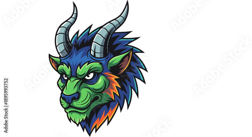 Cartoon Monster Head with Horns Illustration.