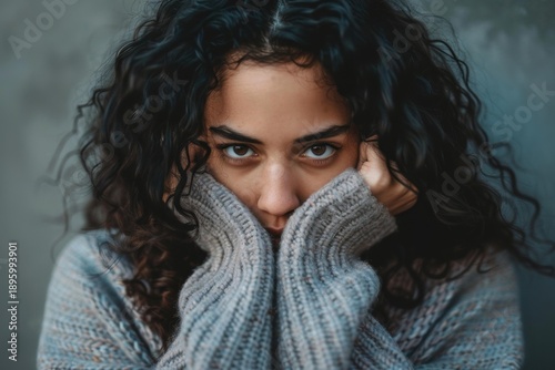 Wallpaper Mural Young woman covering her face with the sleeves of her woolen sweater Torontodigital.ca