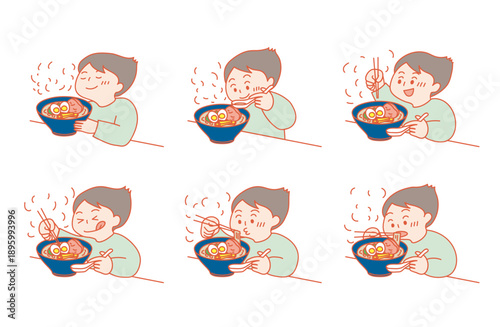 熱々のラーメンを楽しんでいる男の子　匂いを嗅ぎ、スープを飲み、ワクワクしながら食べるまで
