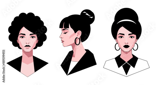 A collection of three distinct vector portraits showcasing diverse female hairstyles and sophisticated fashion, perfect for modern design projects.