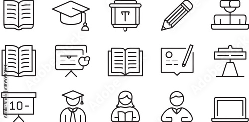 A set of black and white line icons depicts educational elements such as open books, graduation caps, presentation boards, and student figures for learning concepts.