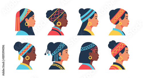 A vibrant collection of diverse female profiles showcasing various traditional hairstyles and cultural headwear from around the world.
