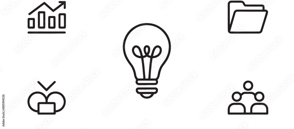 Fototapeta premium A minimalist arrangement of five distinct line icons illustrates financial progress, creative thought, data storage, download action, and team hierarchy.