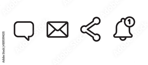 A set of four simple, isolated line icons depicts essential digital communication functions, including a speech bubble, envelope, share symbol, and notification bell.
