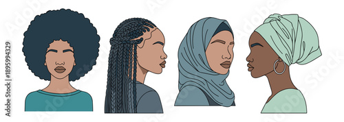 Diverse group of women showcasing various hairstyles and head coverings, representing different cultures and backgrounds in a modern illustration.
