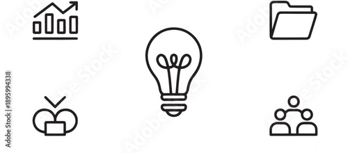 A minimalist arrangement of five distinct line icons illustrates financial progress, creative thought, data storage, download action, and team hierarchy.