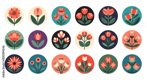 Round floral icons featuring stylized flowers in various colors and arrangements set against circular backgrounds for web and print.