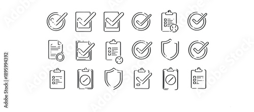 A grid displays numerous variations of outline icons depicting validation, confirmation checks, and security shields in a compact arrangement.