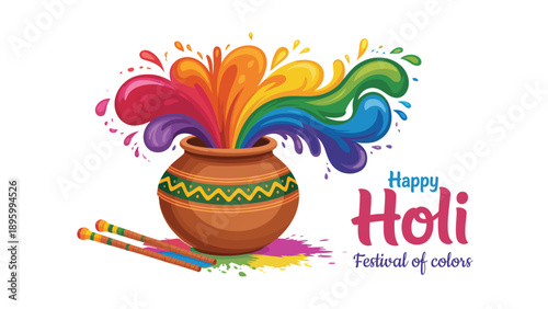 Colorful happy holi festival greeting banner with traditional clay pot, flying gulal powder splash, pichkari and festive typography on white background