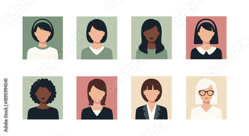 Diverse collection of female avatar icons showcasing various hairstyles, complexions, and professional attire for user profiles and digital representation.