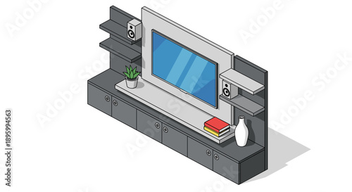 Isometric Computer Monitor with Keyboard and Accessories.