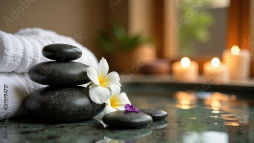 Spa accessories installed in a day spa hotel, health and beauty center. Spa products - towels, candles, stones for stone massage, placed in a luxury spa, villa in Bali