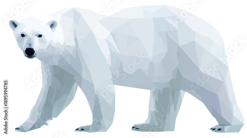 A geometric illustration of a polar bear in shades of white and gray, walking forward