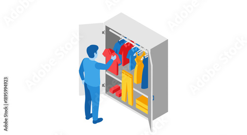 Man choosing clothes from open wardrobe.
