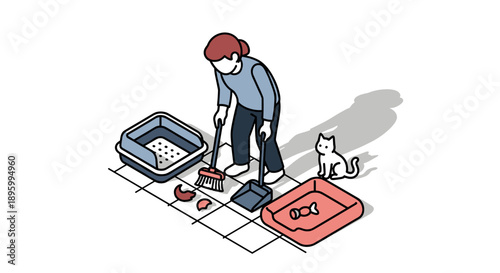 Man Cleaning Litter Box with Cat.