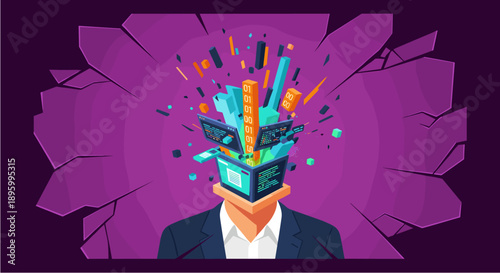 A vibrant digital illustration depicting a businessman's head exploding with abstract data, symbolizing innovative thinking, technological advancement, and creative problem-solving in a modern